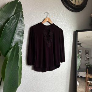 Burgundy Long Sleeve Blouse with Lace Cutout Detail | Size M